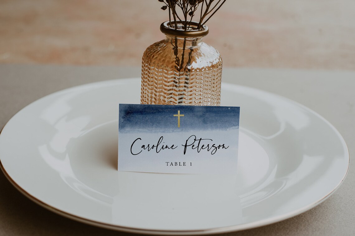 Blue Baptism Place Card Template Printable Place Cards Blue Etsy