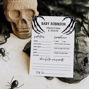 Scheda con previsioni e consigli per il bambino, Baby shower di Halloween, Baby shower a tema teschio, Un piccolo Boo sta per nascere, Testo modificabile, Consigli fai da te per il bambino, 69