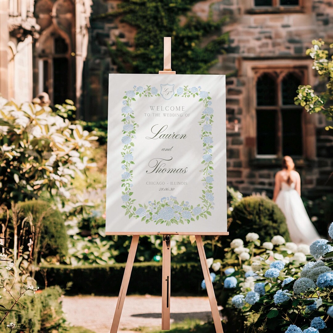 Blue Hydrangea Wedding Welcome Sign, Monogram Crest, Editable, Canva ...