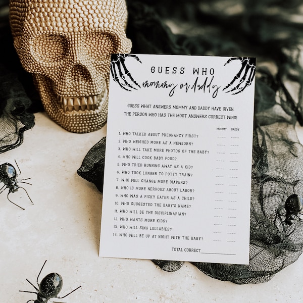 Juego de mamá o papá, Juego imprimible para baby shower, Plantilla para baby shower de Halloween, Baby Shower de calavera, Instantáneo, Gótico, Un pequeño abucheo, 69
