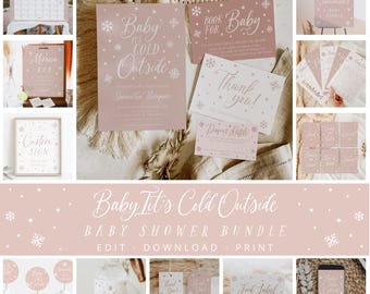 Baby It's Cold Outside Baby Shower Invitation Bundle, Winter Wonderland Baby Shower, Modern Pink Girl Baby Shower, Editable, Instant, 129
