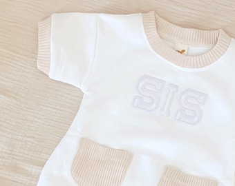 Baby Girl Coming Home Outfit, Girl Romper Sis, Newborn Girl Custom Name Romper, Baby Bubble Romper, Oversized, Sis, Peach and White