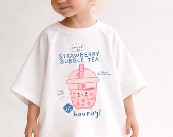 Kinder Übergröße Milch Tee Shirt, Grafik T-Shirt Kinder Shirt, Übergroßes Baby & Kleinkind T-Shirt, Erdbeer Boba Tee, Rosa, trendiges Sommer T-Shirt