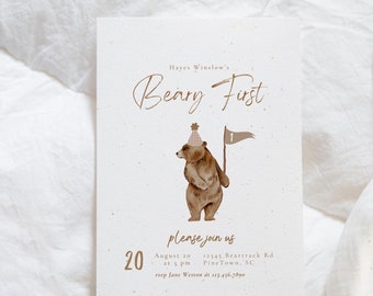 Beary First Invitation, Editable Digital Birthday Invite, Beary Sweet, Birthday Bear, Wild One, Custom Invitation, Bear Birthday Invite