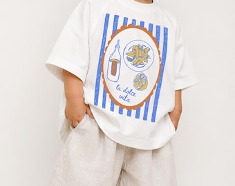 La Dolce Vita Kinder T-Shirt in Übergröße, Pasta Shirt für Babys & Kleinkinder, Italienisches Sommer Outfit, trendiges Gender Neutral T-Shirt, süßes Food Shirt