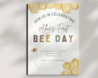 Bee Day Invitation, Editable Digital Birthday Invite, First Birthday Invitation, First Bee Day, 1st Bee day, Custom Digital Invitation