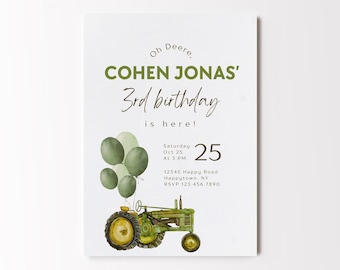 Grüner Traktor-Geburtstagseinladung, bearbeitbare digitale Geburtstagseinladung, Jungen-Geburtstagseinladung, Traktor einladen, Bauernhofeinladung, John Deere
