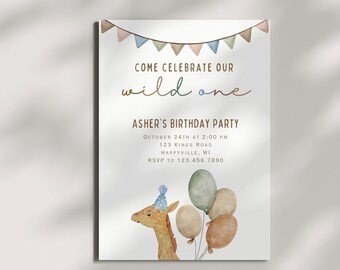 Giraffe Wild One Invitation, Editable Digital Birthday Invite, First Birthday, Wild One Birthday, Digital Invitation, Neutral, Giraffe