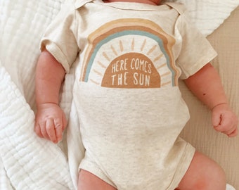 Rainbow Baby Bodysuit, Here Comes the Sun, Gift, Rainbow Shirt, Baby Shower Gift, New Baby, Baby Apparel, Gender Neutral, Oatmeal