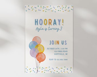 Colorful Birthday Invitation, Editable Digital Birthday Invite, First Birthday, Rainbow Balloons, Custom Digital Invitation, Bright Colors