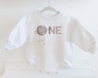 First Birthday Sweatshirt Romper, Space Birthday, Sweatshirt Romper, 1st Birthday, Neutral, First Birthday Outfit, Space Theme, 1st Birthday