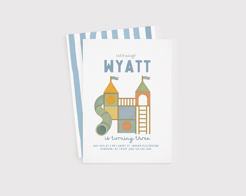 May include: A white invitation card with a blue striped backing. The front features a colourful playground illustration with the name "WYATT" and the text "is turning three". Includes event details.