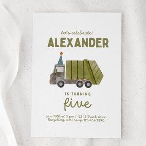 May include: A birthday invitation with a watercolor illustration of a garbage truck. The text reads "Let's celebrate! ALEXANDER is turning five." Additional text includes the date, time, and RSVP information.