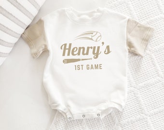 Neutral Baby Romper, Bubble Romper, First Baseball Game, Baseball baby outfit, Oversized Romper, Neutral, Custom Baseball Romper,