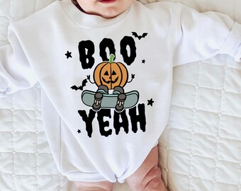 Kids Skater Pumpkin Halloween Shirt - Boo Yeah Graphic Tee or Sweatshirt, Rad Skater Jack-o'-Lantern Shirt, Baby Halloween Romper Outfit