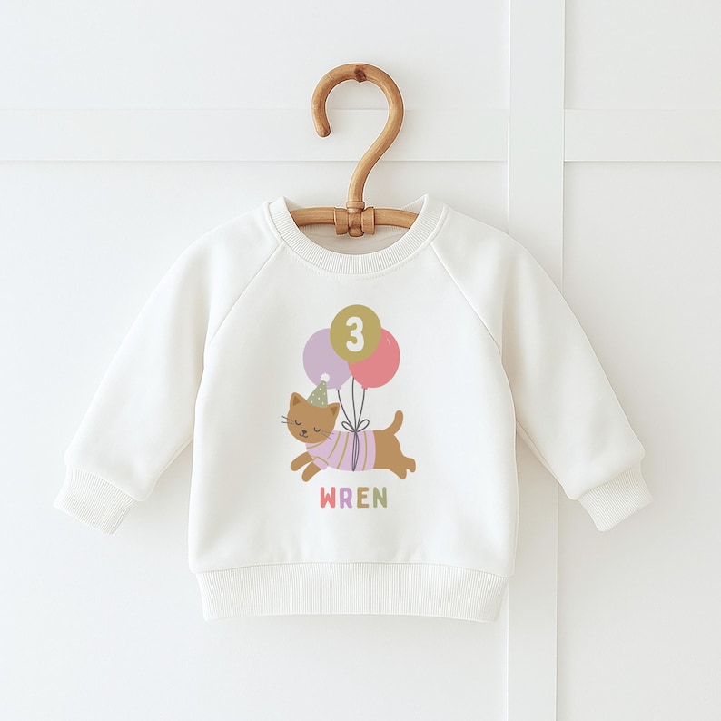 May include: White baby sweatshirt with a cat graphic holding balloons. The cat wears a party hat and a striped shirt. The number "3" is on the balloons. The name "WREN" is printed below the cat in pastel colors.