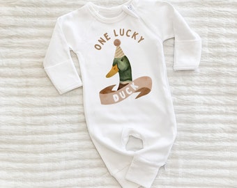 First Birthday Sweatshirt Romper, One Lucky Duck, Sweatshirt Romper, Gender Neutral, 1st Birthday Outfit, Lucky Duck Birthday, Mallard Duck