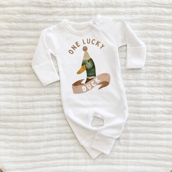 First Birthday Sweatshirt Romper, One Lucky Duck, Sweatshirt Romper, Gender Neutral, 1st Birthday Outfit, Lucky Duck Birthday, Mallard Duck