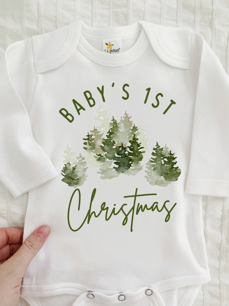 Baby First Christmas one piece, First Christmas Outfit, Neutral Christmas Outfit, Christmas Baby Clothes, Christmas Trees, First Christmas image 2