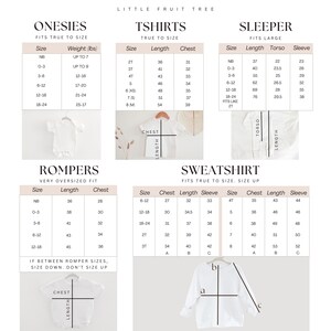 May include: Size chart for onesies, t-shirts, rompers, sweatshirts, and sleepers. The chart includes sizes for newborns, infants, toddlers, and children. The chart also includes measurements for length, chest, torso, and sleeve.