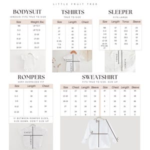 May include: A size chart for baby and toddler clothing, including bodysuits, t-shirts, sleepers, rompers, and sweatshirts. Measurements are provided in inches and pounds, with size, length, chest, torso, and sleeve dimensions.