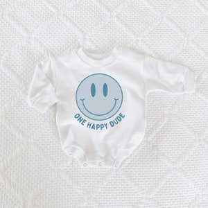 One Happy Dude, Happy One, Sweatshirt Romper, Hipster, Blue Happy Dude, First Birthday, Smiley, Smile Birthday Romper, One Happy Dude