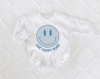 One Happy Dude, Happy One, Sweatshirt Romper, Hipster, Blue Happy Dude, First Birthday, Smiley, Smile Birthday Romper, One Happy Dude