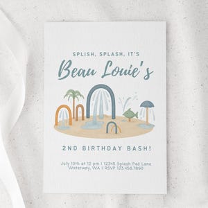 Inbjudan till stänkskydd, redigerbar poolpartyinbjudan, sommarfödelsedag för småbarnspojke eller -flicka, födelsedag för vattenpark, direktnedladdning