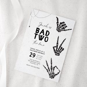 Bad TWO the bone Invitation, Halloween Party Invite, Halloween Skeleton Invite, Two year old birthday invite, Neutral, Skeleton Peace Sign