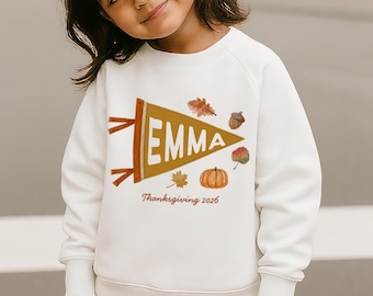 Kids Thanksgiving Shirt | Baby Romper, Toddler Sweatshirt & Youth Tee | Trendy Fall Outfit for Thanksgiving | Custom Name