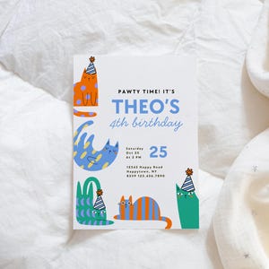 May include: A white birthday invitation card with playful cat illustrations. The text reads "PAWTY TIME! IT'S THEO'S 4th birthday" with date and time details. The card features orange, blue, and green cat designs wearing party hats.