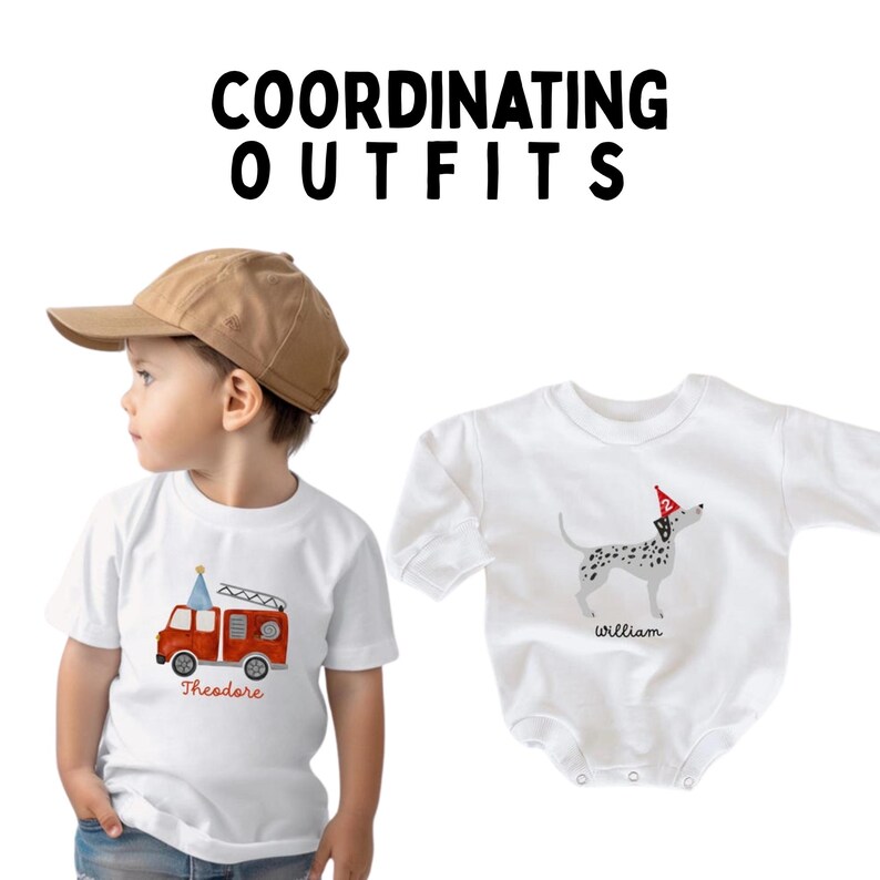 May include: Two white t-shirts with birthday themed designs. One shirt features a red fire truck with the name "Theodore" and the other shirt features a black and white dog wearing a party hat with the name "William".