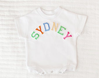 Rainbow Name Baby Romper, Bubble Romper, Rainbow Name, Summer Romper, Rainbow baby Sweatshirt Romper, Custom Embroidered Rainbow