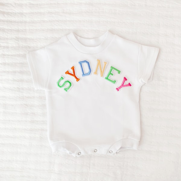 Rainbow Name Baby Romper, Bubble Romper, Rainbow Name, Summer Romper, Rainbow baby Sweatshirt Romper, Custom Embroidered Rainbow