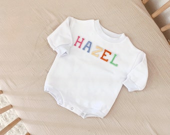 Rainbow Name Baby Romper, Bubble Romper, Letter Baby Sweatshirt, Baby Sweatshirt, Rainbow baby Sweatshirt Romper, Custom Embroidered Rainbow