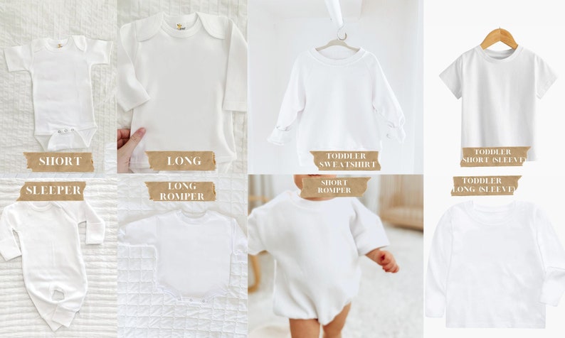 May include: A set of white baby and toddler clothing items, including a short-sleeved sleepsuit, a long-sleeved sleepsuit, a long romper, a toddler sweatshirt, a toddler short-sleeved t-shirt, and a toddler long-sleeved t-shirt.