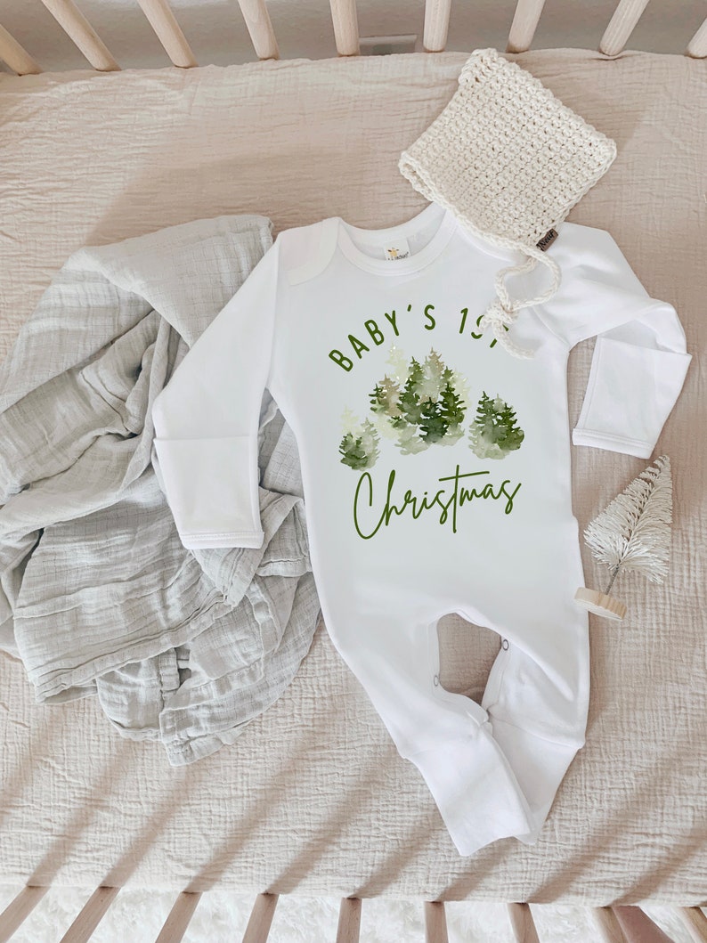 Baby First Christmas one piece, First Christmas Outfit, Neutral Christmas Outfit, Christmas Baby Clothes, Christmas Trees, First Christmas image 1