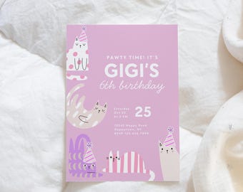 Pink Cat Birthday Invitation for Girls, Editable Kitten Party Invite, Cute Cat Theme, Printable Digital Download, Instant Access