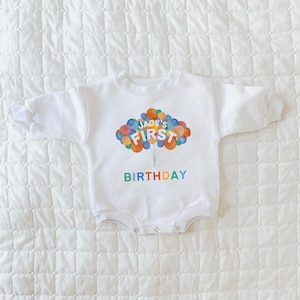 First Birthday Sweatshirt Romper, Birthday Balloon Shirt, Balloon Romper, 1st Birthday Outfit, Rainbow Birthday Romper, Rainbow Balloons