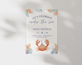 Under The Sea Invitation, Editable Digital Birthday Invite, First Birthday Invitation, Oneder the Sea, Crab Invite, Digital Invitation