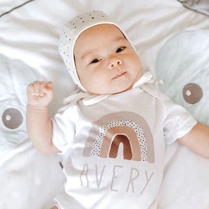 Rainbow Baby Announcement Shirt and Bodysuits Gender Neutral Baby Gift, Spotted Rainbow, Scandinavian Rainbow, Baby Name image 1