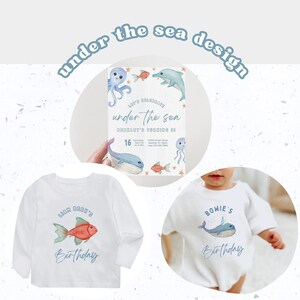May include: Two white t-shirts with an under the sea theme. One shirt features a red fish with the text "Liam Berk's Birthday". The other shirt features a blue whale with the text "Bowie's Birthday".