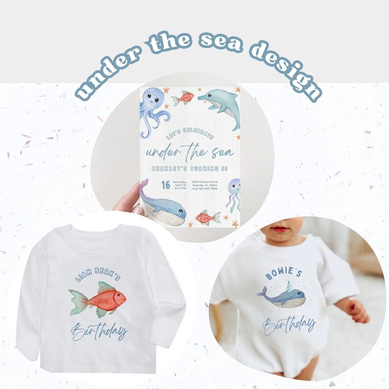 May include: Two white t-shirts with an under the sea theme. One shirt features a red fish with the text "Liam Berk's Birthday". The other shirt features a blue whale with the text "Bowie's Birthday".