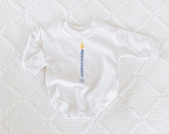 First Birthday Sweatshirt Romper, Birthday Candle Shirt, Candle Romper, 1st Birthday Outfit, First Birthday Romper, Blue, Boy Birthday