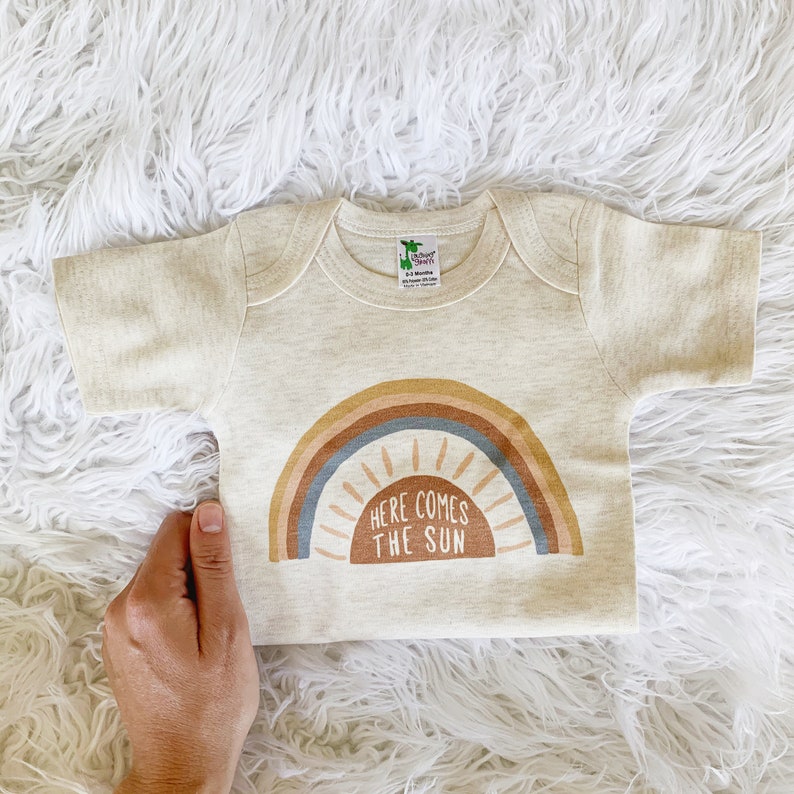 Rainbow Baby Bodysuit, Here Comes the Sun, Gift, Rainbow Shirt, Baby Shower Gift, New Baby, Baby Apparel, Gender Neutral, Oatmeal image 2