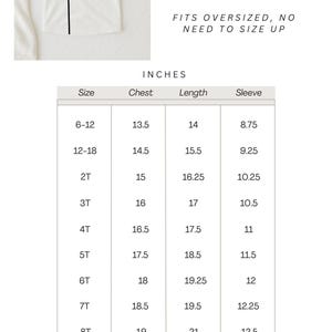 May include: White oversized, boxy tee shirt with a size chart. The chart shows chest, length, and sleeve measurements in inches for sizes 6-12 months to 8T. The text "LITTLE FRUIT TREE" is at the bottom.