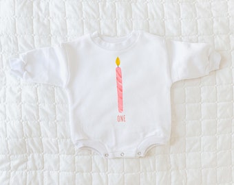 First Birthday Sweatshirt Romper, Birthday Candle Shirt, Candle Romper, 1st Birthday Outfit, First Birthday Romper, Pink, Pink Candle, Girl