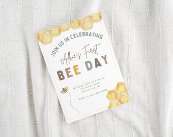 Invitación del Día de las Abejas, Invitación de Cumpleaños Digital Editable, Invitación para el Primer Cumpleaños, Primer Día de las Abejas, Invitación Digital Personalizada