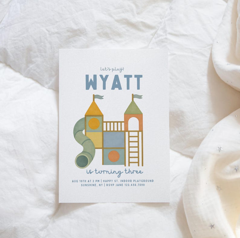 May include: A birthday party invitation featuring a playground design. The text reads "Let's play! WYATT is turning three." The invitation also includes the date, time, location, and RSVP details.