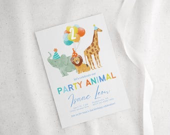May include: A colorful party invitation with a giraffe, elephant, and lion wearing party hats. The invitation says "Let's celebrate our Party Animal Isaac Leon" and includes the date, time, and location of the party.